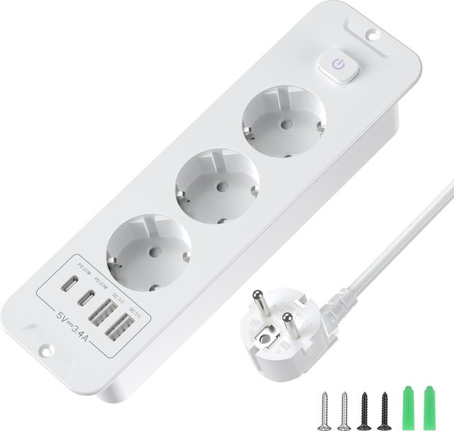 HITRENDS 7-in-1 Ultraflache Einbausteckdose mit Schalter, Weiß, 2 USB-A, 2 USB-C mit 20W Schnellladung und Überspannungsschutz - Bild 1