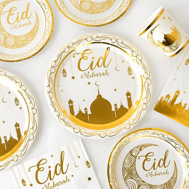 Goldenes Eid Mubarak Einweggeschirr Set aus Papier mit Tassenbanner und Geschenktüten für Ramadan Kareem Dekorationen - Bild 1