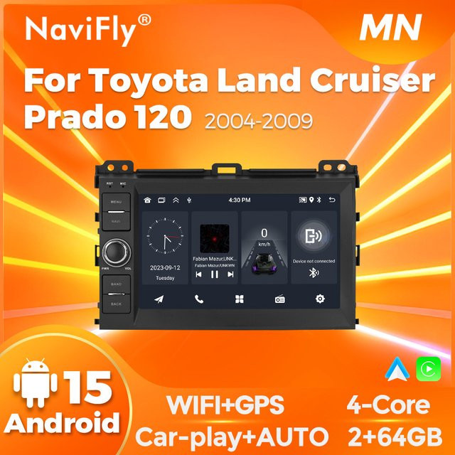 NaviFly Android 14 Auto Radio für Toyota Land Cruiser Prado 120 mit 7 Zoll Display, 2GB RAM, 64GB Speicher, GPS, Wireless Carplay und Multimedia Player in Schwarz - Bild 1