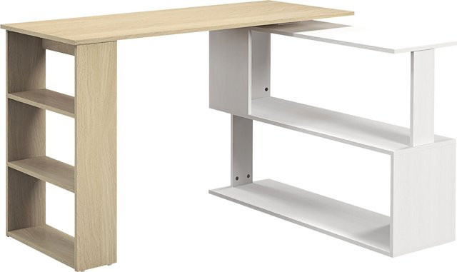 HOMCOM Eckschreibtisch mit integriertem 3-stufigem Bücherregal, modularer Computertisch und Stauraum, weiß und Naturholz - Bild 1
