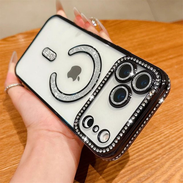 Bling Kristall Linsenfolie für MagSafe Transparente Handyhülle für iPhone 11 12 13 14 15 16 17 Pro Max Plus in Schwarz - Bild 1