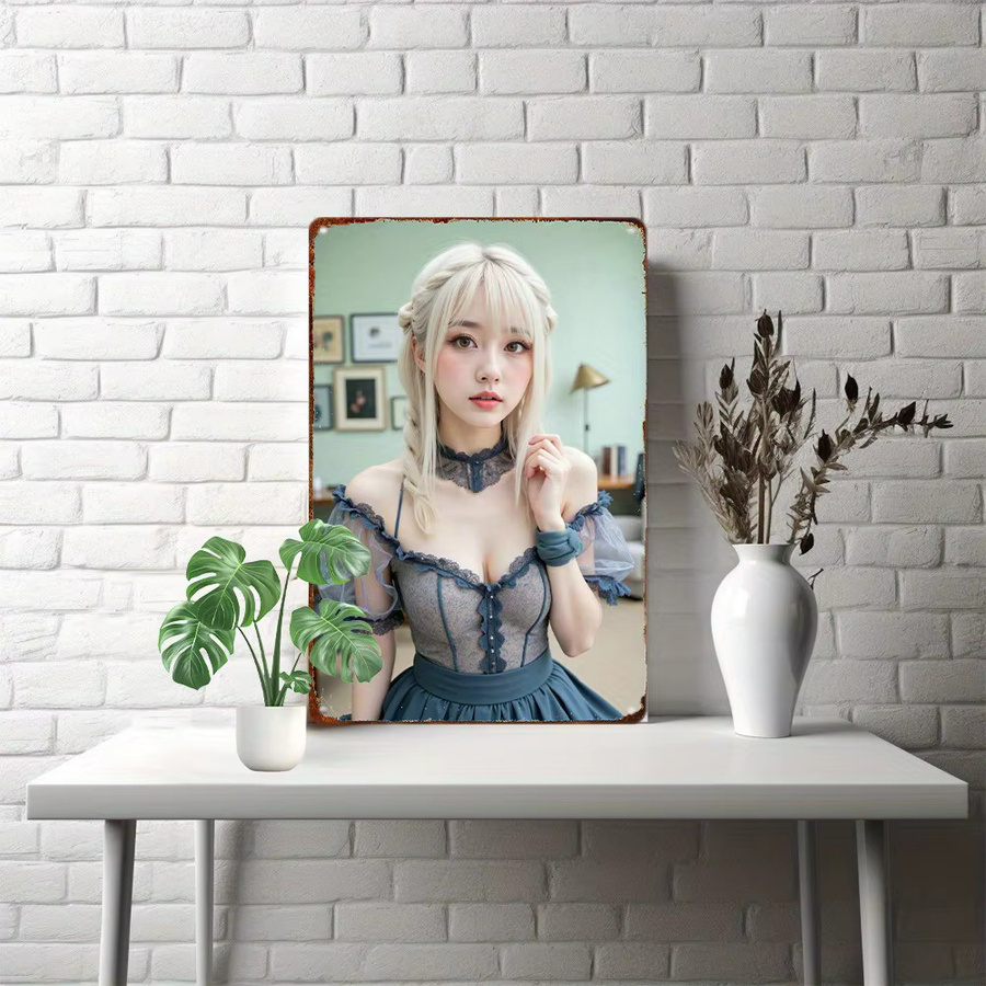 CIFBUY Anime Metallschild Retro Blaues Kleid Blondes Mädchen Wandkunst Deko, Breite: 20,32 cm, Höhe: 30,0 cm - Bild 2