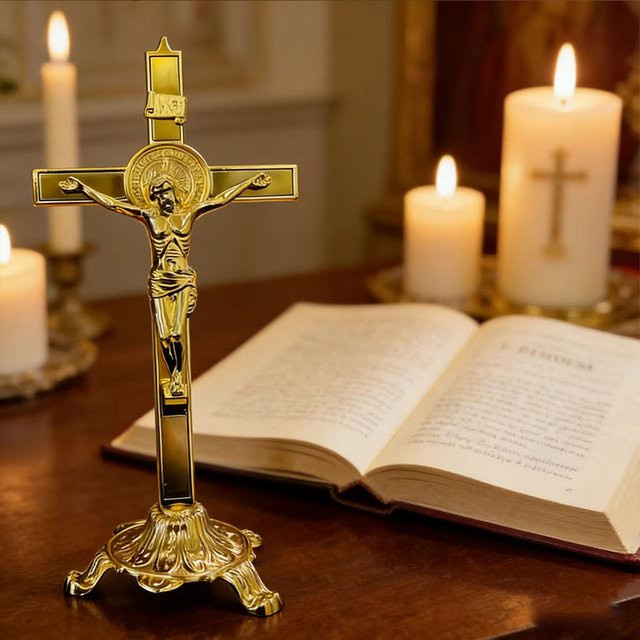 HTISOK Goldener stehender Kruzifix mit INRI-Inschrift und Heiliger-Benedikt-Medaillon aus Metall für die Kirchendekoration und spirituelle Andacht in Gold und Grün - Bild 1