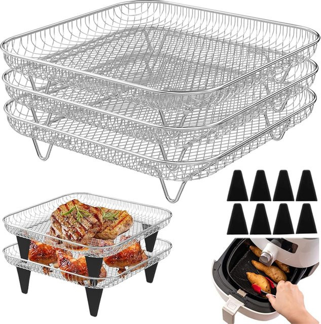 JYN Edelstahl Heißluftfritteuse Backrost mit Heißluftfritteuse-Papier und Grillhalterung in Silber - Bild 1