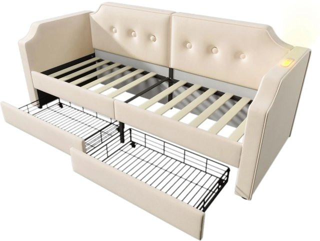 Merax Sofabett in Beige mit Schubladen, USB-C Ladestation, integriertem Leselicht und Nachttischregal, B/T/H: 90 x 200 cm - Bild 1