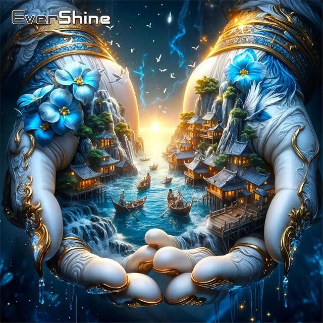 EverShine Diamantstickerei DIY Set Abstrakte Landschaft mit Sonnenuntergang und Haus in Multicolour für Anfänger als Tischmodell - Bild 1