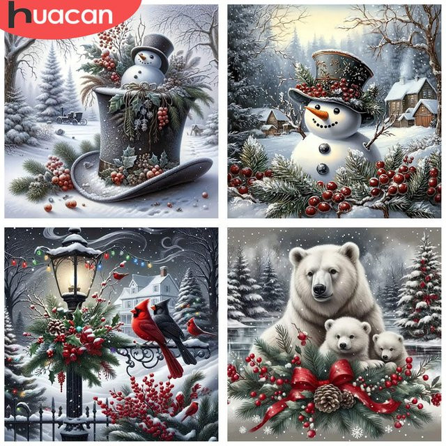 HUACAN Diamant-Malerei Set Winterwunderland mit Schneemann und Kristallperlen, B/H: 20 x 20 cm - Bild 1