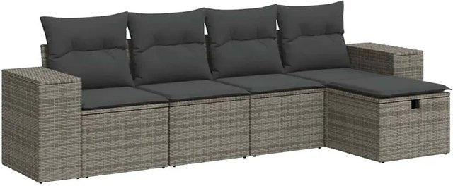 vidaXL 5-tlg. Garten-Sofagarnitur in L-Form mit Polsterkissen, Grau, Poly Rattan und Metallgestell - Bild 1