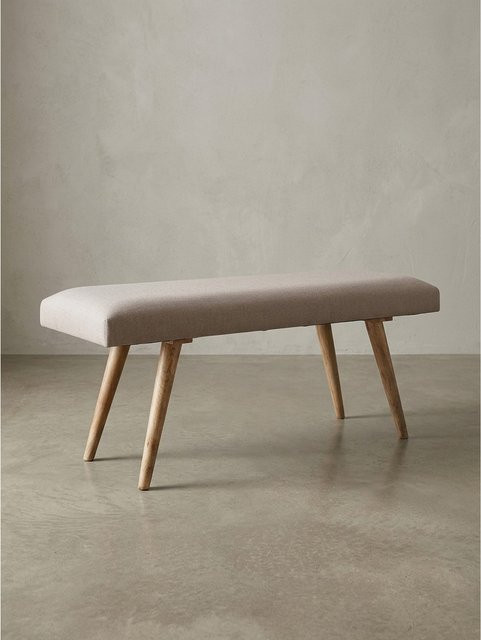 Gepolsterte Sitzbank aus Massivholz und Baumwolle im Retro-Stil von KADIMA DESIGN, Beige, B/T/H: 117 x 38 x 51 cm - Bild 1