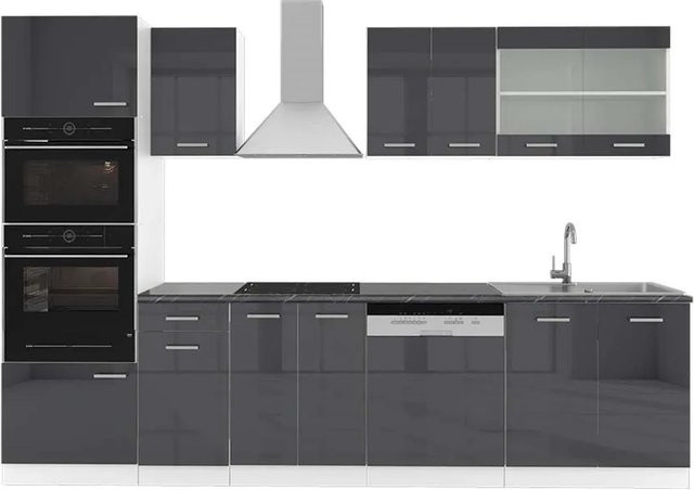 Vicco R-Line Küchenzeile in Anthrazit Hochglanz und Weiß mit Hochschrank, Breite: 300 cm - Bild 1
