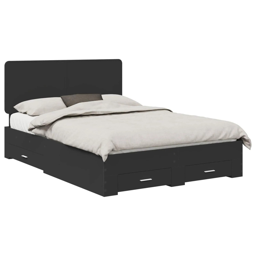 vidaXL Bettrahmen mit Kopfteil und Schubladen in Schwarz Matt aus Holzwerkstoff B/T/H: 140 x 190 x 143 cm - Bild 2