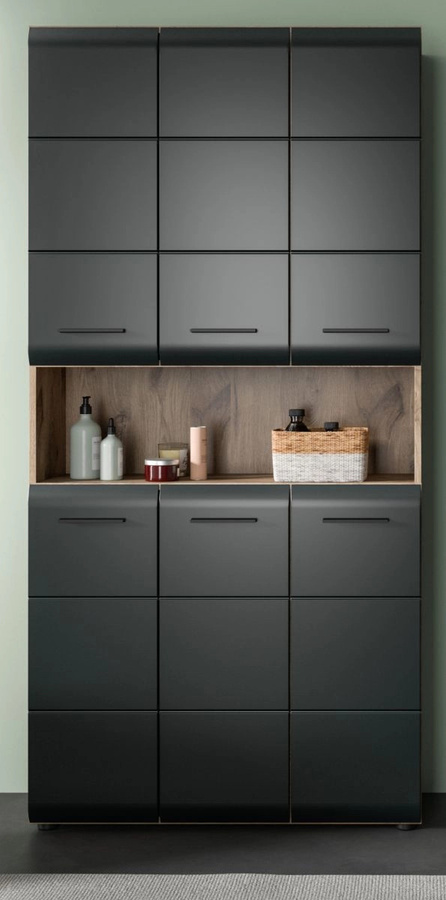 Badezimmer Hochschrank Inn.Furn in Schwarz und Eiche mit offenen Regalfächern, B/T/H: 90 x 30 x 185 cm - Bild 1