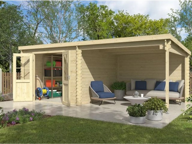 Lasita Gartenhaus Orlando Blockhaus mit Anbaudach in Braun, Wandstärke: 28 mm, B/T/H: 595 x 309 x 211 cm - Bild 1