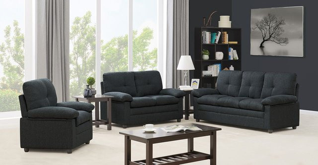 3-teilige gepolsterte Sitzgarnitur von HappyHome in Grau mit Holzrahmen und Leinenstoff - Bild 1
