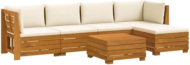 vidaXL Outdoor-Sofagarnitur aus Massivholz Akazie in Braun mit 6 Teilen und cremeweißen Kissen im L-Shape Design - Bild 1