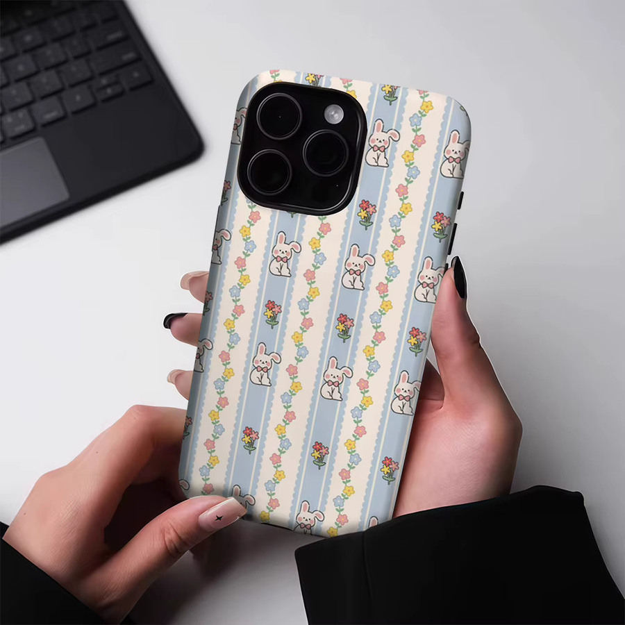 Robuste doppelschichtige Handyhülle von Potdemiel mit hellblauem Streifen-Häschen-Design für iPhone 17, 16, 15, 14, 13 Pro Max Plus inklusive Magnetfunktion - Bild 2
