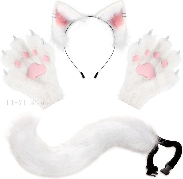 4-teiliges Set Plüschfuchs Ohren Schwanz Katzenpfoten Handschuhe, weiß - Bild 1