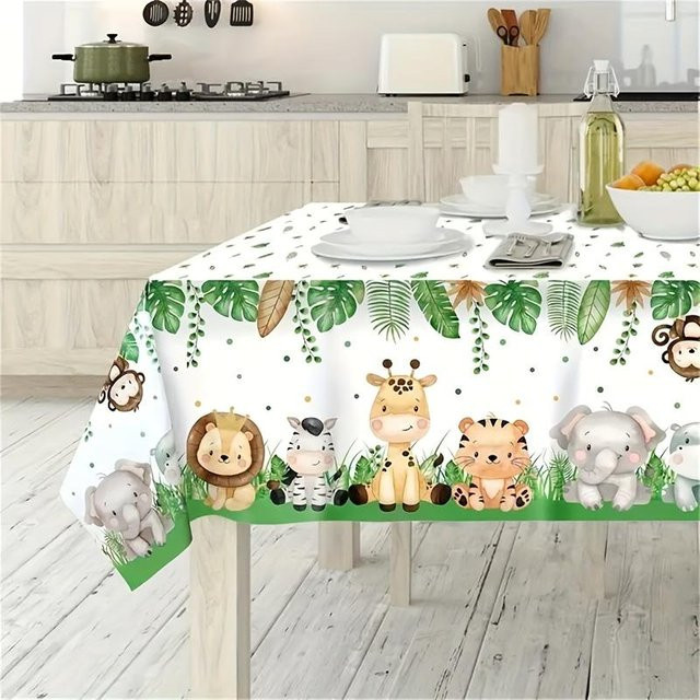 JMG Household Supplies Rechteckige Tischdecke Dschungel Safari Tiere mit Tiger Löwen und Elefanten, Farbe: Weiß, B/T: 140 x 140 cm - Bild 1