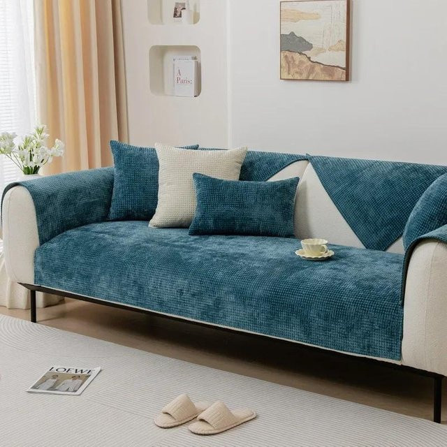 Waffelgitter Sofakissen aus Chenille in Blau, warmes Plüsch-Sitzkissen für den Winter, rutschfest und staubdicht, B/B: 70 x 70 cm - Bild 1
