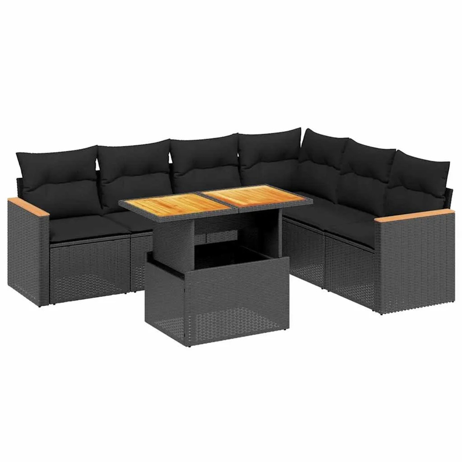 vidaXL 7-teilige Garten-Sofagarnitur in L-Form aus schwarzem Poly-Rattan mit Kissen und Akazienholz - Bild 2