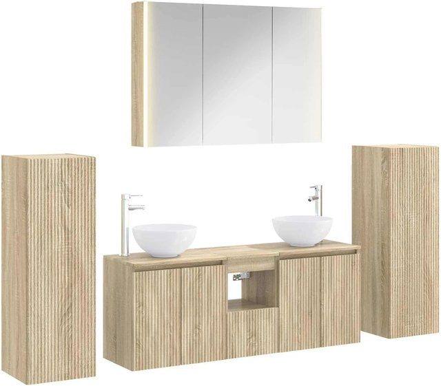 vidaXL Badezimmermöbel-Set 6-teilig Sonoma-Eiche mit Waschtischunterschrank, Spiegelschrank und Wandschränken, Braun - Bild 1