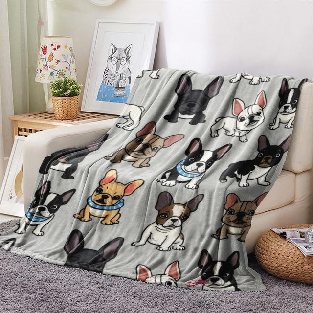 JMG Household Supplies Fleece-Decke mit Französische Bulldogge Welpen-Print, grau, B/B: 100 x 130 cm - Bild 1