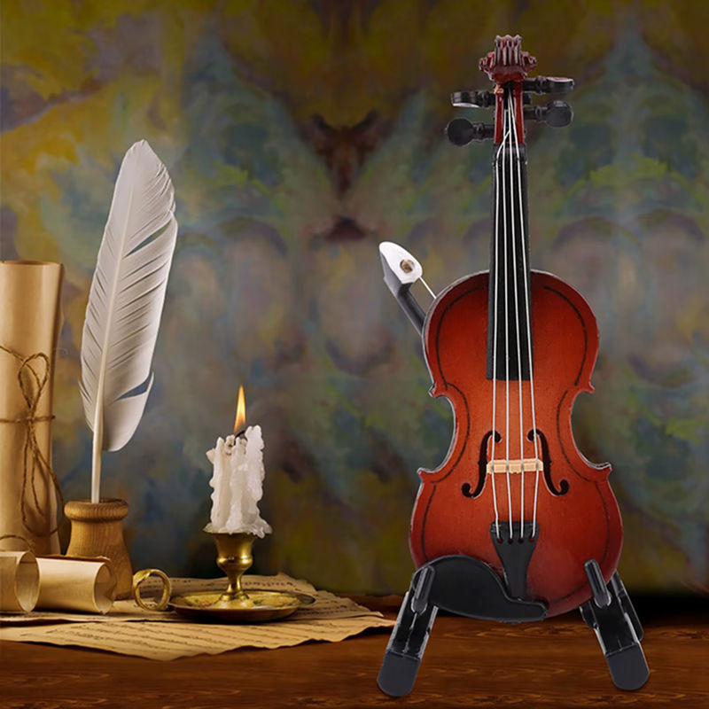 Qiilu Miniatur-Geigenmodell aus Holz in Braun mit Ständer und Gehäuse als Puppenhaus-Zubehör und dekoratives Musikinstrumentenmodell - Bild 3