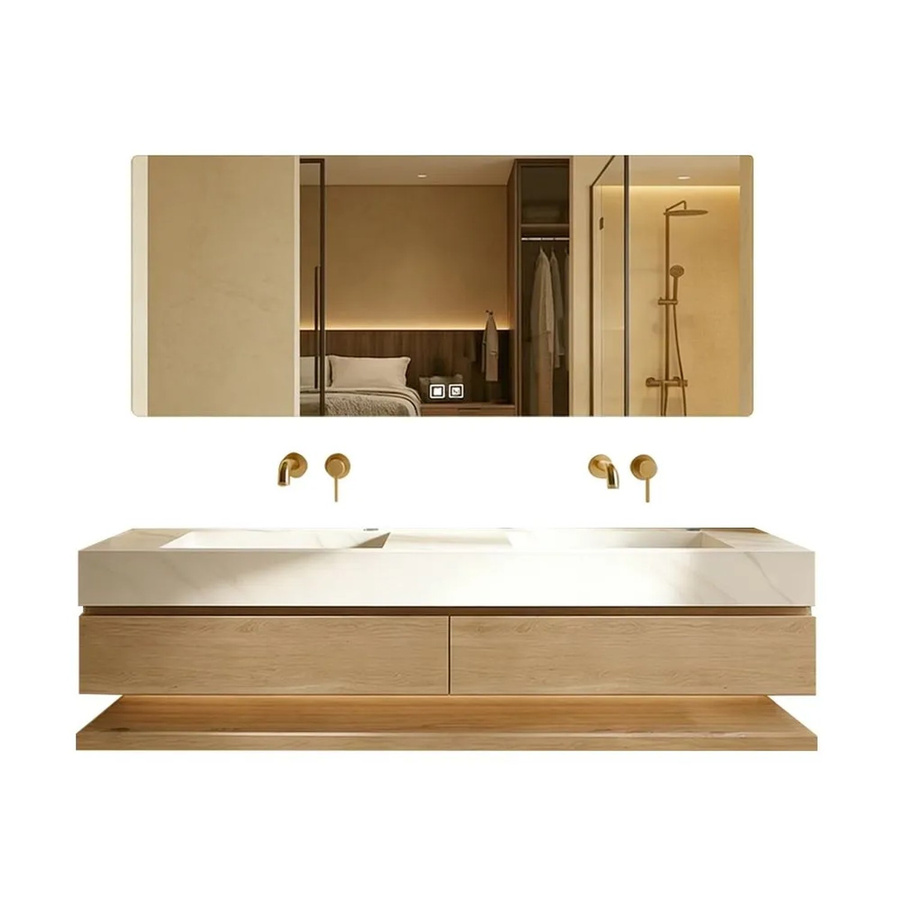 360Home Badmöbel Set mit Sinterstein Doppelwaschbecken und Spiegel in Beige, Wandmontiert mit LED-Beleuchtung und Anti-Beschlag-Funktion, B/T/H: 140 x 55 x 76 cm - Bild 2