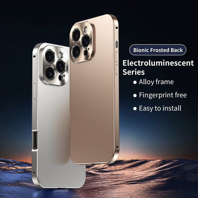 dcoud Stoßfeste Handyhülle mit Metallrahmen aus Aluminium und CD-Muster für iPhone 16 und iPhone 15 Pro Max in Titanium Color - Bild 1
