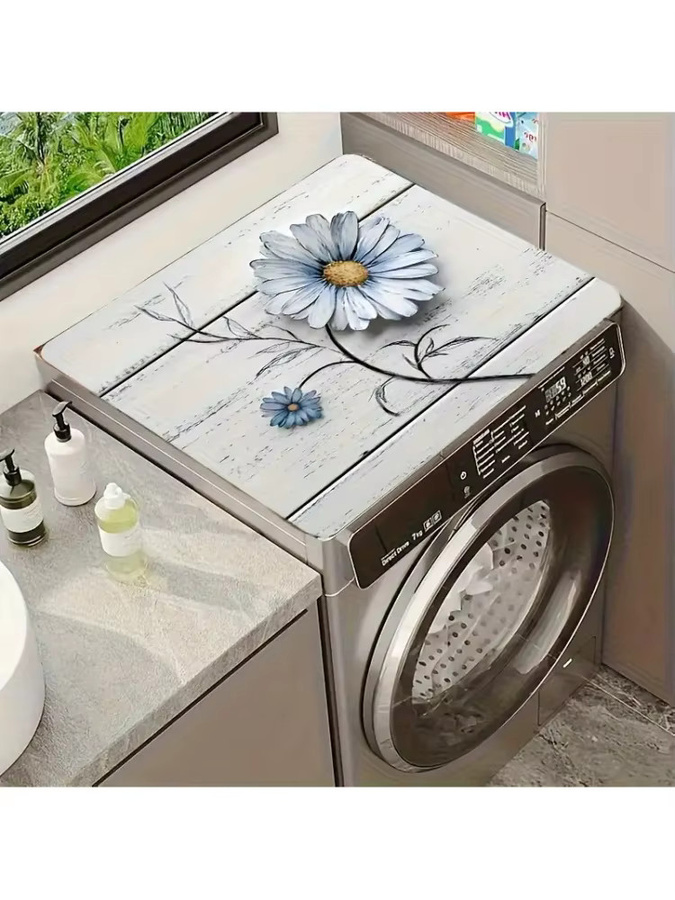 VIKAMA Retro Blue Daisy Waschmaschinen-Deckelmatte in Blau, wasserdichte und staubdichte Deko-Matte im amerikanischen Stil - Bild 4