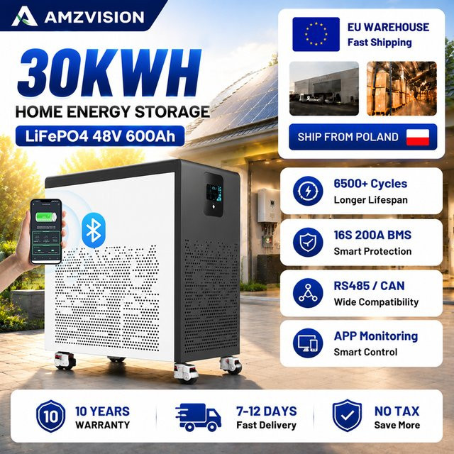 AMZVISION LiFePO4 Batterie 48V 600Ah 30kWh mit Bluetooth, BMS, RS485 und CAN Anschluss - Bild 1