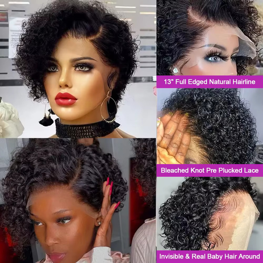 HJ WEAVE BEAUTY Pixie Cut Perücke, kurze Bob Perücke, lockiges Echthaar, Wasserwelle, Damen - Bild 3