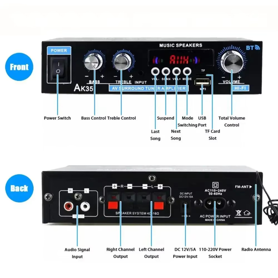 AK35 HiFi Digital Bluetooth Verstärker mit MP3, USB und FM in Schwarz - Bild 3