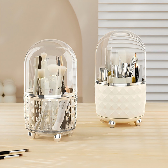 360 Grad drehbarer Kosmetik-Organizer mit staubdichtem Deckel in Braun aus Kunststoff für Make-up und Bürobedarf - Bild 1