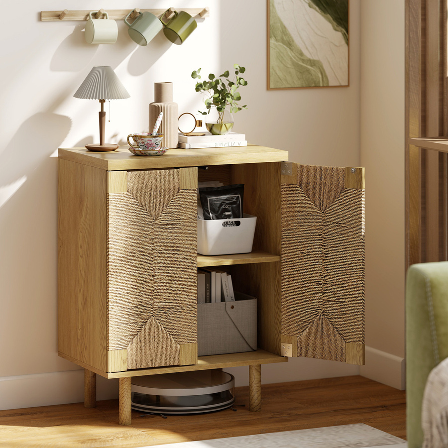 HOMCOM Anrichte im Boho-Stil mit 2 Türen und handgeflochtener Kordel, Wohnzimmer-Anrichte in Eiche mit verstellbarem Einlegeboden und Push-to-open, B/T/H: 60 x 40 x 78 cm - Bild 2