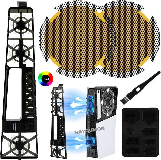 Ispoofer Kühlventilatoren mit RGB-Beleuchtung und USB 3.0 Anschluss für PS5 Pro und PS5 Slim in Schwarz inklusive Staubschutzgitter und Staubschutzkappen - Bild 1