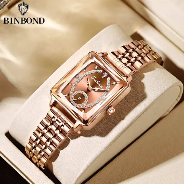 BINBOND Armbanduhr Quarz, Edelstahl, Roségold, Diamantbesetzt, Damen - Bild 1
