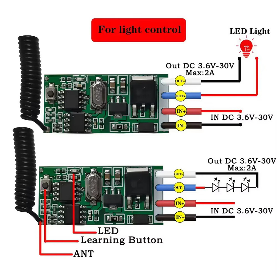 KEBIDUMEI 433MHz RF Drahtlose Fernbedienung Mini-Relaismodul mit LED-Lichtsteuerung DIY-Kit für DC 6V 12V 18V 24V mit 50m Reichweite - Bild 5