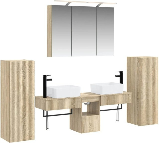 vidaXL Badezimmermöbel-Set 6-teilig in Sonoma-Eiche mit Glas und LED-Beleuchtung, modern und wandmontiert - Bild 1