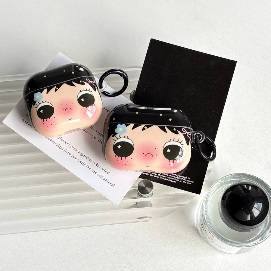 Schutzhülle für AirPods 1 2 3 4 Pro und Pro 2 mit Cartoon-Mädchen-Design in Schwarz und Blau mit Blumen- und Sternmuster - Bild 2