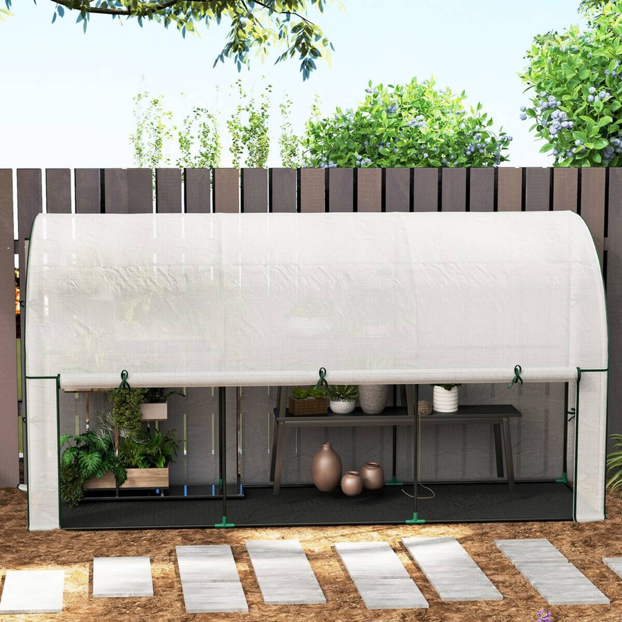Outsunny Gewächshaus mit Rolltür aus Stahl und UV-Schutz, winterfestes Foliengewächshaus für Garten und Balkon in Weiß, B/T/H: 300 x 80 x 157 cm - Bild 3