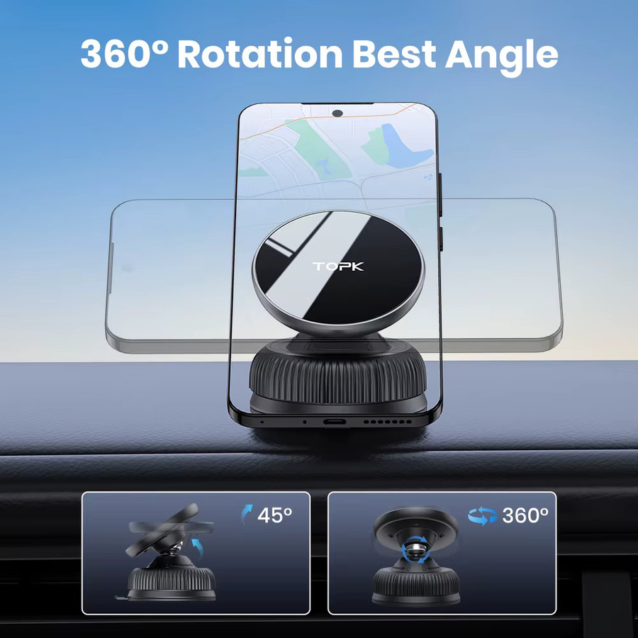 TOPK Magnetische Autohalterung mit 360 Grad Drehung und verstellbarem Multi-Angle Saugnapf, Schwarz - Bild 3