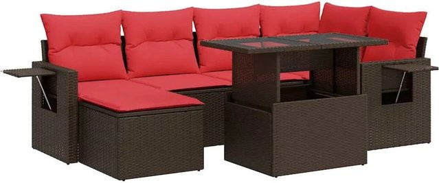 vidaXL 7-tlg. Garten-Sofagarnitur in L-Form aus braunem Poly-Rattan mit Kissen und pulverbeschichtetem Stahlgestell - Bild 1