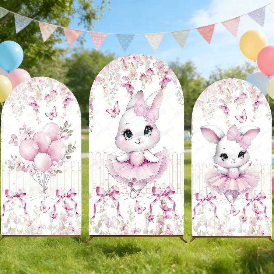 Mossiaiy Bogenförmige Hintergrunddekoration mit Hasen-Motiv und floralen Elementen in Pink für Ostern, Frühling und Babypartys, B/H/T: 120 x 50 x 50 cm - Bild 1