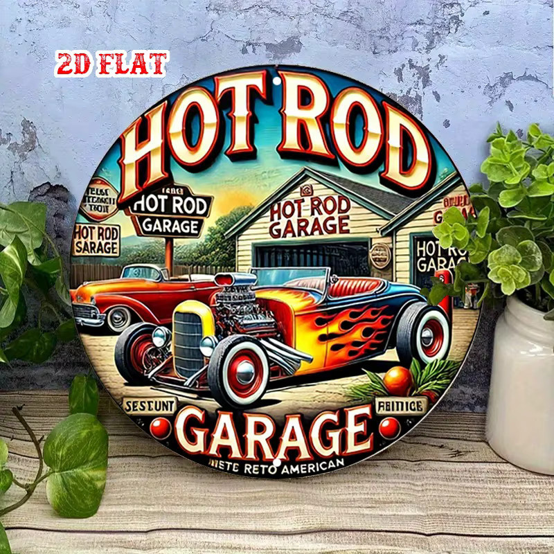 Potdemiel Vintage Hot Rod Garage Rundes Aluminiumschild mit Flaming Flames Retro-Metallwandkunst in Mehrfarbig - Bild 3