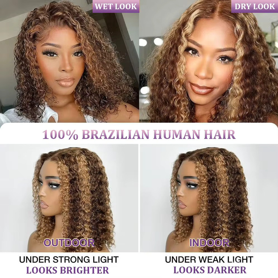 mayfive Bob-Perücke, tief lockig, Echthaar, 220 % Dichte, Highlight Brown - Bild 5