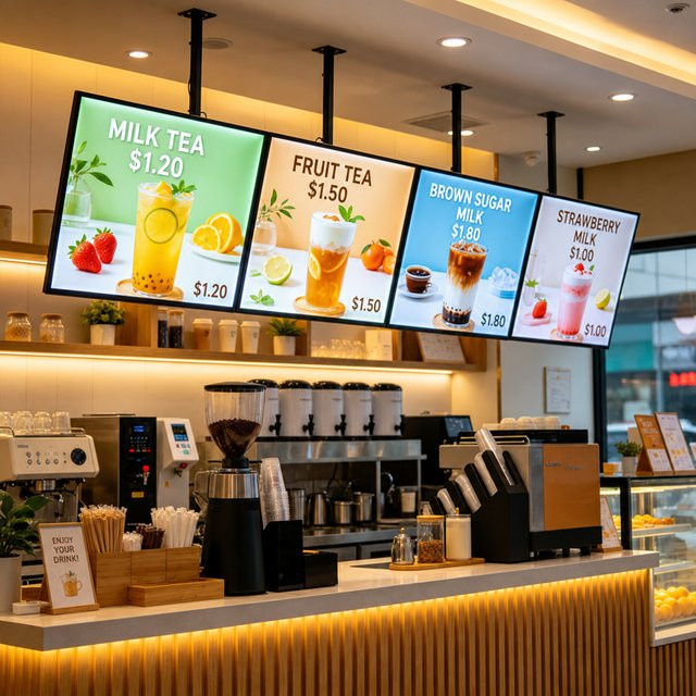 Ultraflache LED-Menü-Leuchttafel in Schwarz als hängende digitale Anzeige für Cafés und Konditoreien - Bild 1