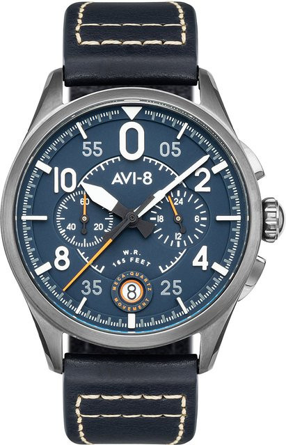 AVI-8 Chronograph, Quarz, Edelstahl, Leder, Blau, 42 mm, Herren - Bild 1
