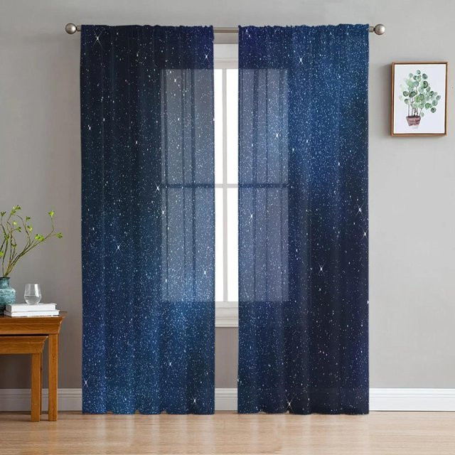 Yiran Furniture Transparente Tüll-Vorhänge mit Sternen-Design in Sternenhimmelblau, Organza-Gardinen für Wohnzimmer und Küche, B: 135 cm, H: 215 cm - Bild 1