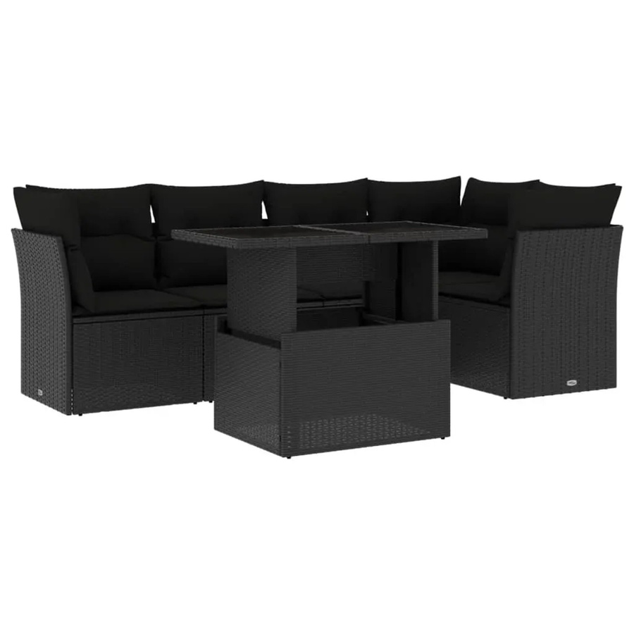 vidaXL 6-teilige Garten-Sofagarnitur in L-Form aus Poly-Rattan mit Kissen, Schwarz - Bild 2